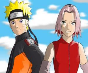 Układanka Bohaterowie Naruto Uzumaki i Sakura Haruno uśmiechem