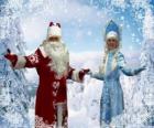 Snegurochka lub Śnieżynka i Dziadkiem Mrozem lub Dziadek Mróz, rosyjski tradycyjne znaki Boże Narodzenie