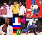 Dekoracji mężczyzn w Judo ponad 100 kg, Teddy Riner (Francja), Alexandr Mijailin (Rosja) i Andreas Tolzer (Niemcy), Rafael Silva (Brazylia) - London 2012-