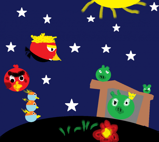 Angry birds walczą ze wszystkich gier z gromadą świn w czarnej planecie. puzzle